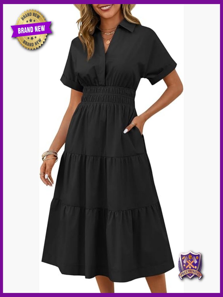 Short Sleeve Maxi Dress V-Neck Smocked Tiered Flowy With Pockets